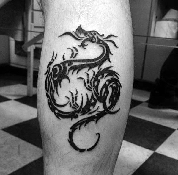 Black Ink Leg Calf Dragon Badass Tribal Guys Tattoos