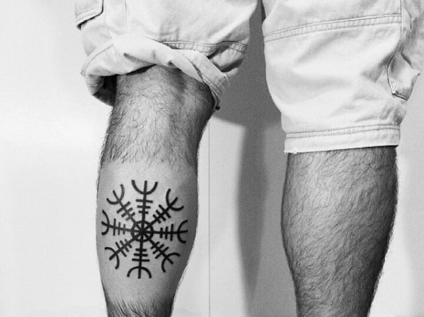 Black Ink Leg Calf Nordic Helm Of Awe Tattoos For Men
