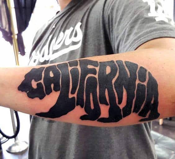 Black Ink Lettering California Bear Outer Forearm Tattoos For Men