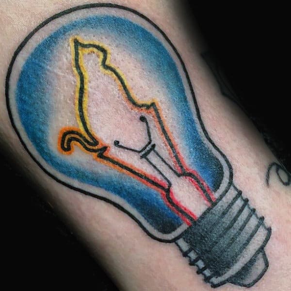 Black Ink Light Bulb With Cat Small Mens Arm Tattoo