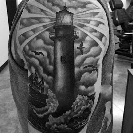Black Ink Lighthouse With Birds Tattoo For Men On Upper Arm