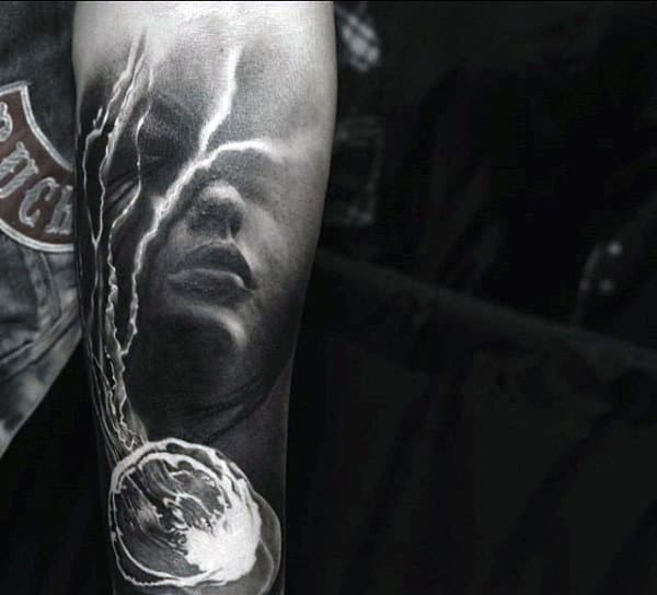 Black Ink Lightning Cloud Tattoo On Man