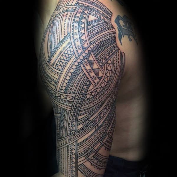 Black Ink Lines Guys Samoan Tribal Sleeve Tattoo Design Ideas