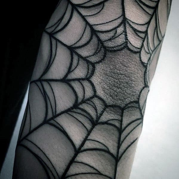 Black Ink Lines Guys Spider Web Elbow Tattoos
