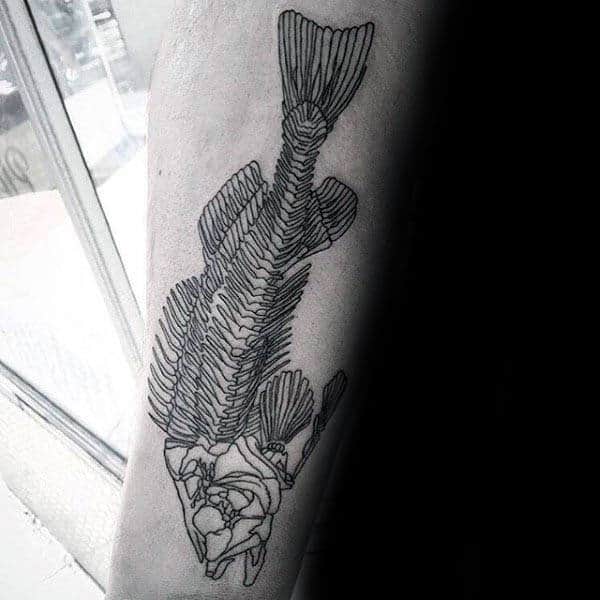 Black Ink Lines Mens Detailed Fish Skeleton Forearm Tattoos