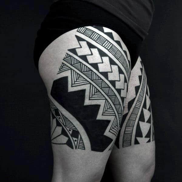 Black Ink Lines Mens Tribal Leg Tattoos