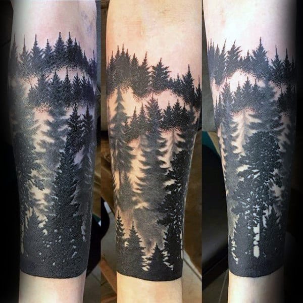 Black Ink Male Forest Sleeve Tattoo Ideas