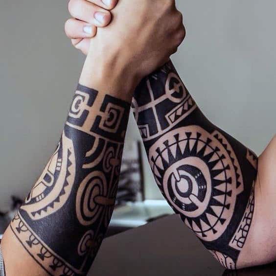 Black Ink Male Tribal Forearm Tattoos
