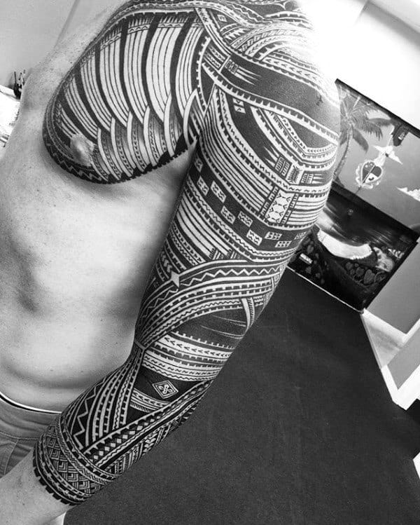 Black Ink Manly Guys Samoan Tribal Design Full Sleeve Tattoos