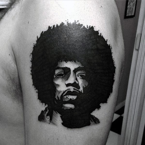 Black Ink Masculine Jimi Hendrix Tattoos For Men On Upper Arm