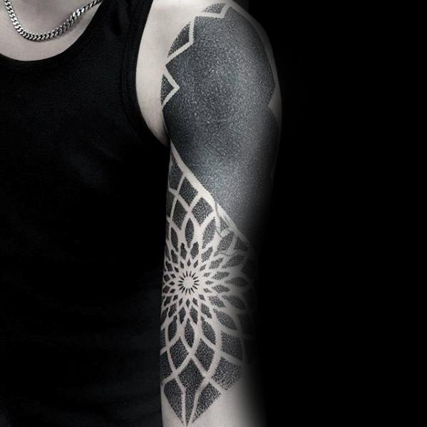 Black Ink Megative Space Star Cover Up Geometric Mens Half Sleeve Tattoos