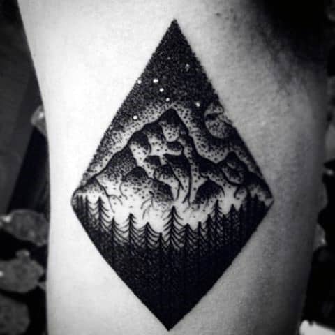 Black Ink Mens Bicep Mountain Nature Star Constillation Tattoos