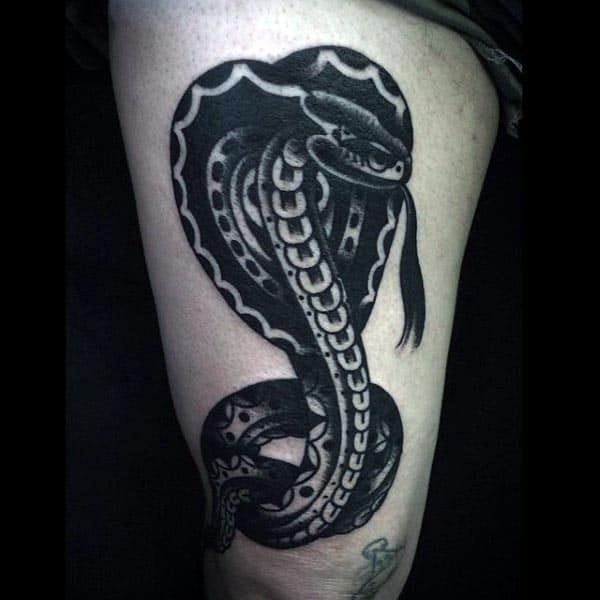 Black Ink Mens Cobra Thigh Tattoos