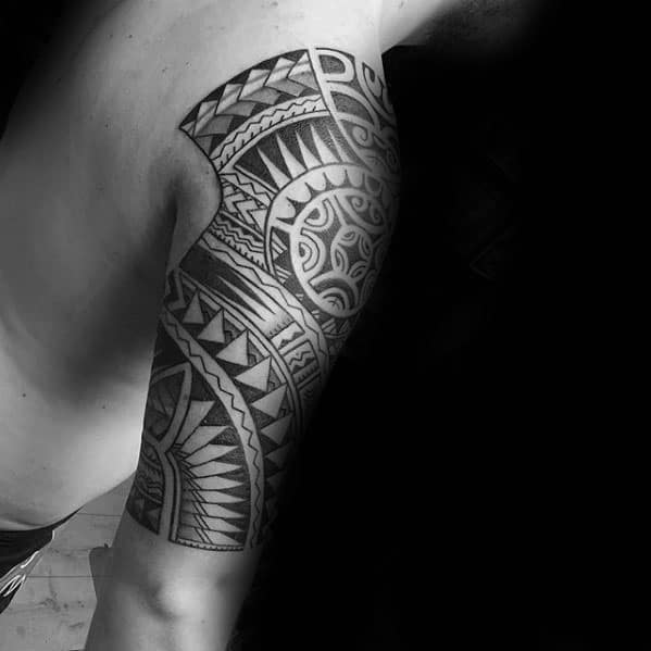 Black Ink Mens Polynesian Tribal Tattoo Half Sleeve Designs