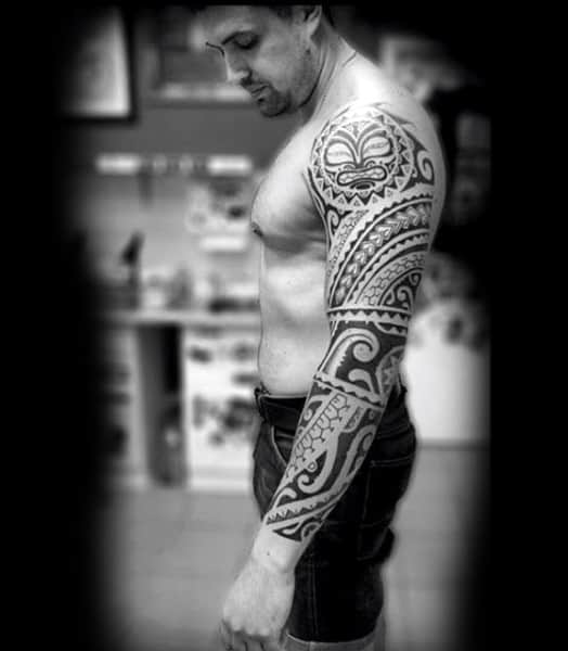 Black Ink Mens Sleeve Tribal Tattoo