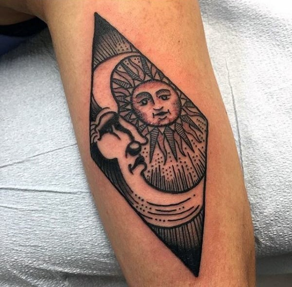 Black Ink Mens Sun And Moon Forearm Tattoo Design Ideas