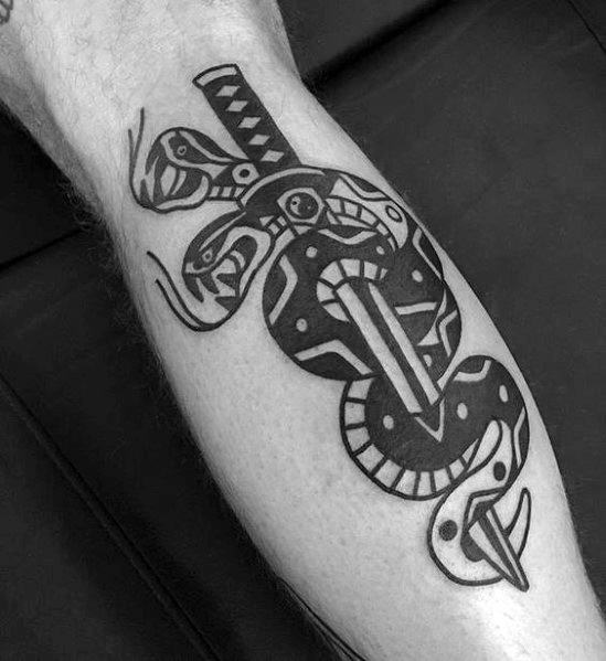 Black Ink Mens Two Headed Snake Tattoo Ideas On Leg