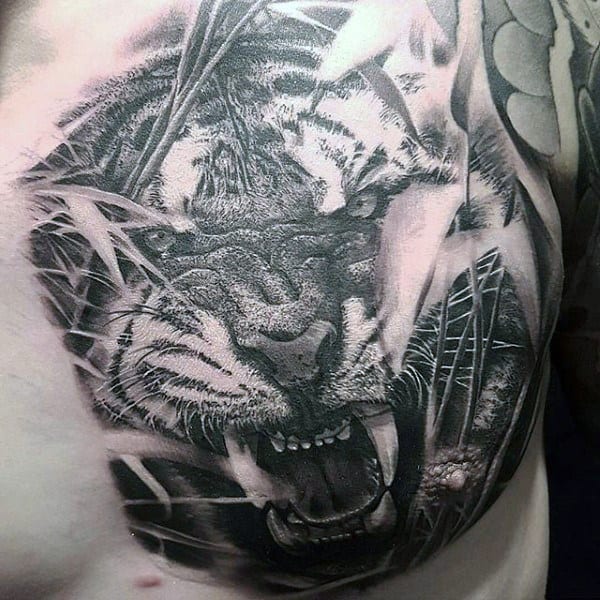 Black Ink Mens Upper Chest Realistic Tiger Tattoo