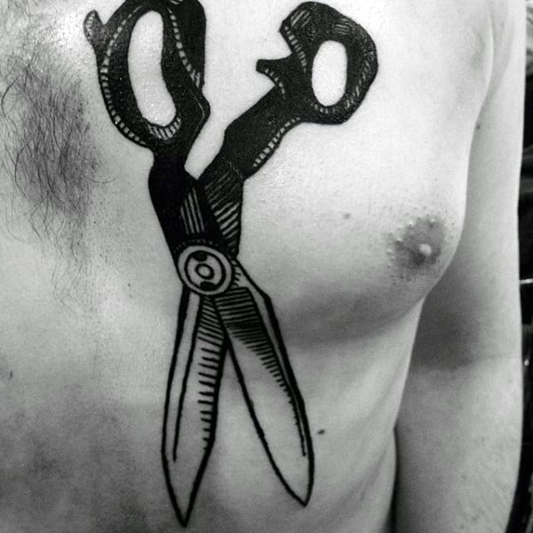 Black Ink Mens Woodcut Scissor Chest Tattoo