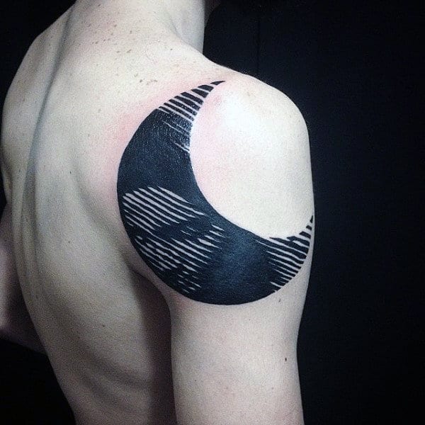 Black Ink Moon With Female Portrait Mens Unique Shoulder Tattoo