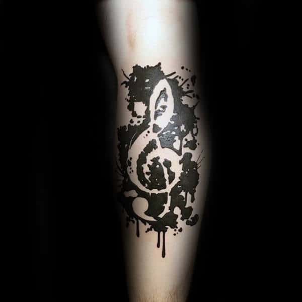Black Ink Music Note Negative Space Guys Dripping Paint Ideas On Leg Calf