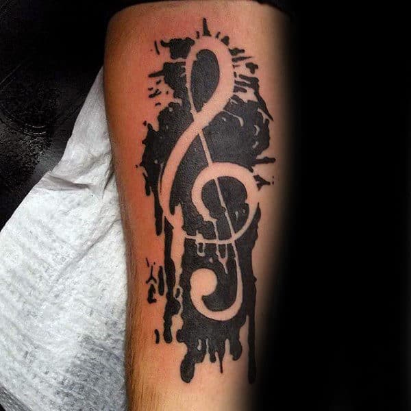 Black Ink Musical Note Paint Negative Space Tattoo On Leg