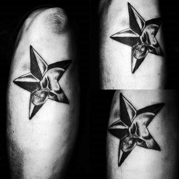 Black Ink Nautical Star With Skull Guys Arm Tattoo Inspiration