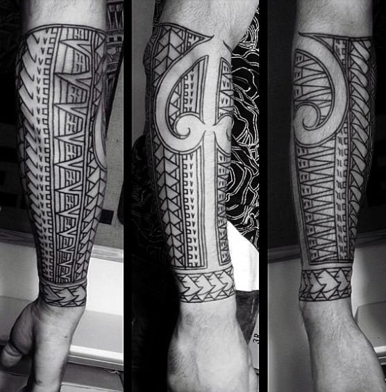Black Ink Negative Space Cool Mens Samoan Tribal Forearm Sleeve Tattoos