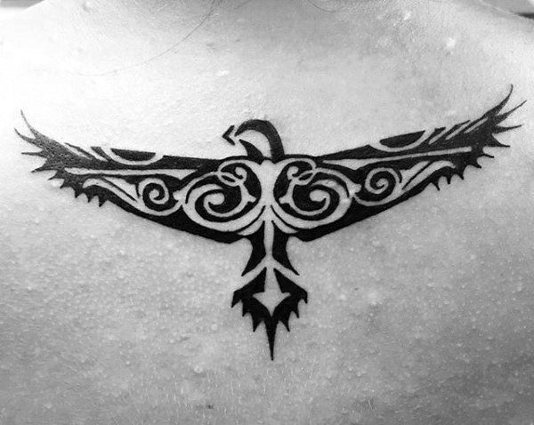 Black Ink Negative Space Tribal Eagle Guys Back Tattoo
