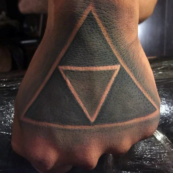 Black Ink Negative Space Zelda Triforce Mens Hand Tattoos