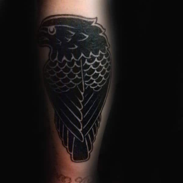 Black Ink Old School Falcon Guys Leg Calf Tattoos