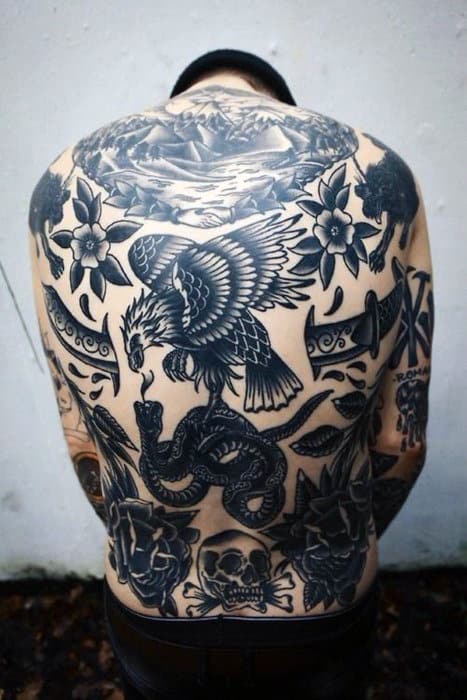 Black Ink Old School Guys Traditional Back Tattoo Ideas