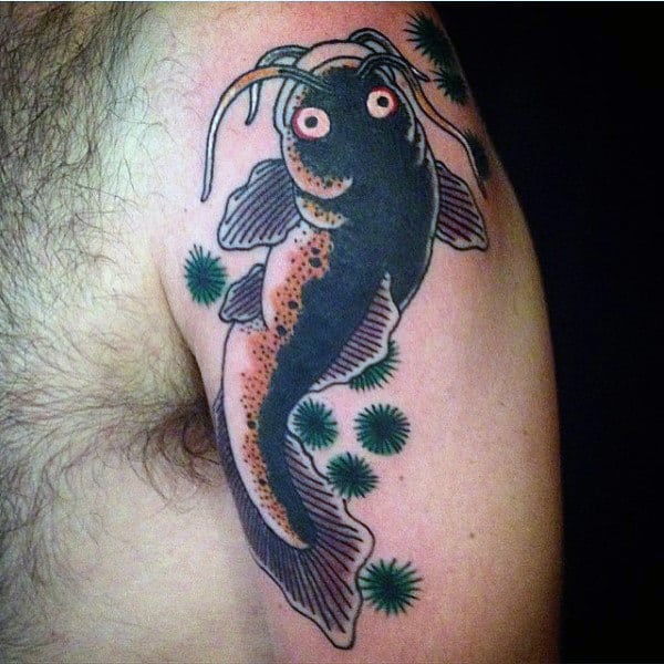 Black Ink Old School Mens Catfish Upper Arm Tattoo Designs