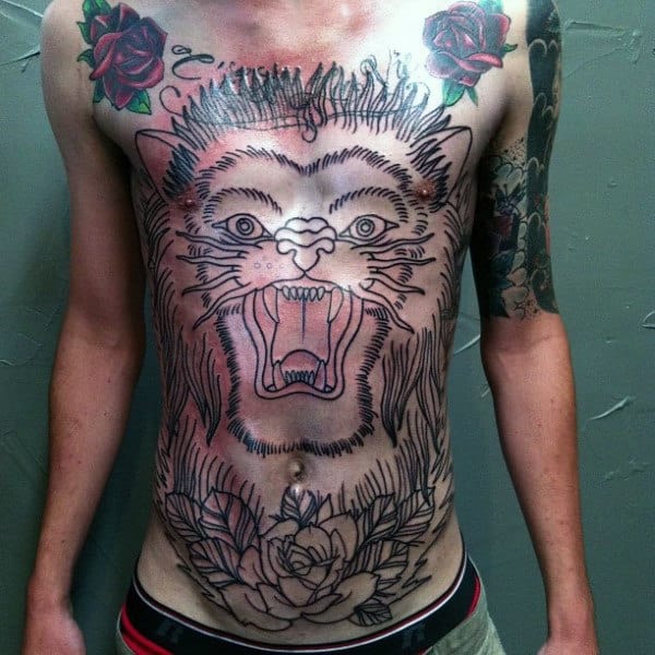 Black Ink Oultine Guys Traditional Full Chest Lion Tattoos