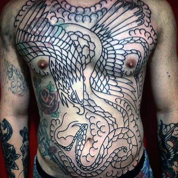 Black Ink Oultine Mens Japanese Eagle Snake Chest Tattoo