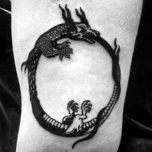 Black Ink Ouroboros Guys Thigh Tattoo Design Inspiration