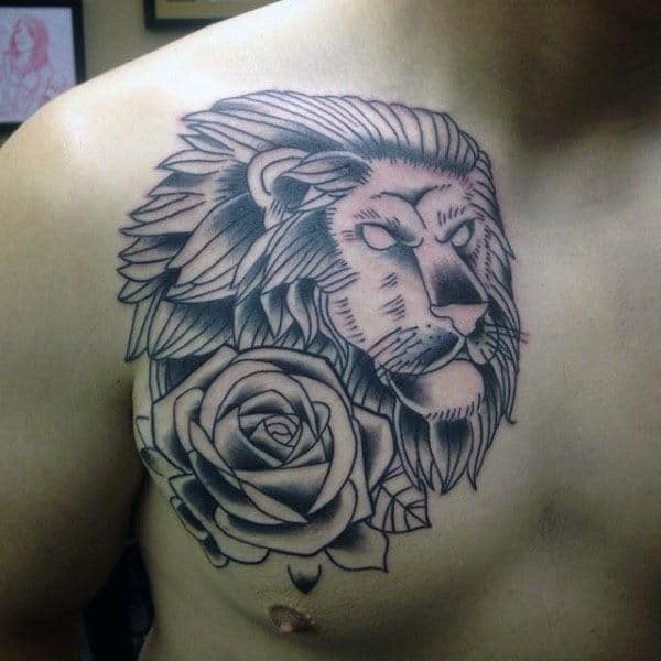Black Ink Outlien Rose Flower With Lion Male Upper Chest Traditional Tattoo Ideas