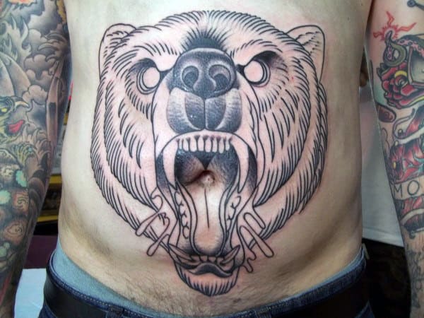 Black Ink Outline Agressive Bear Guys Traditional Stomach Tattoos