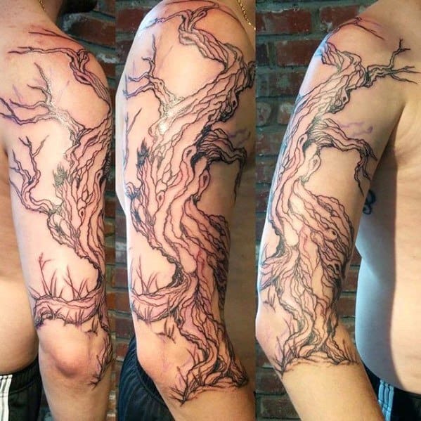 Black Ink Outline Arm Olive Tree Tattoos For Gentlemen