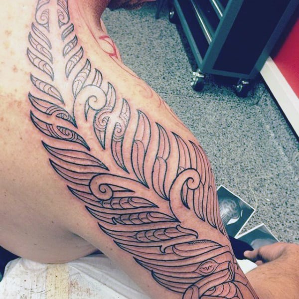 Black Ink Outline Awesome Guys Tribal Fern Shoulder And Arm Tattoos