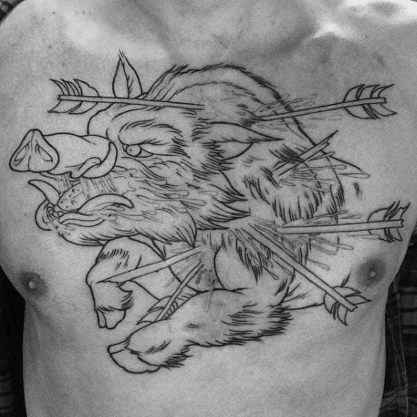 Black Ink Outline Boar Running With Arrows Guys Chest Tattoo