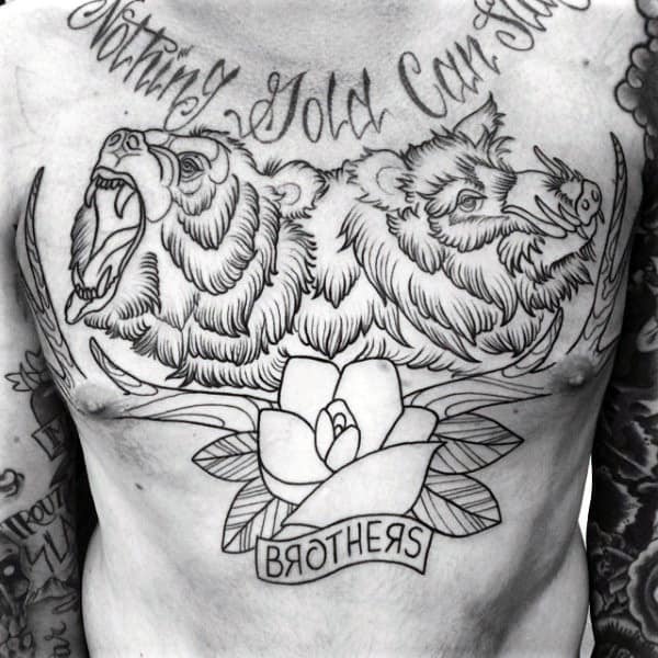 Black Ink Outline Brothers Boar Tattoo On Upper Chest Of Man