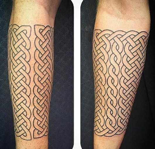 Black Ink Outline Celtic Knot Forearm Sleeve Tattoo On Man