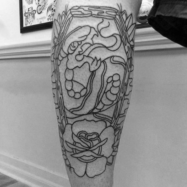 Black Ink Outline Coffin With Snake And Rose Traditional Leg Guys Tattoos