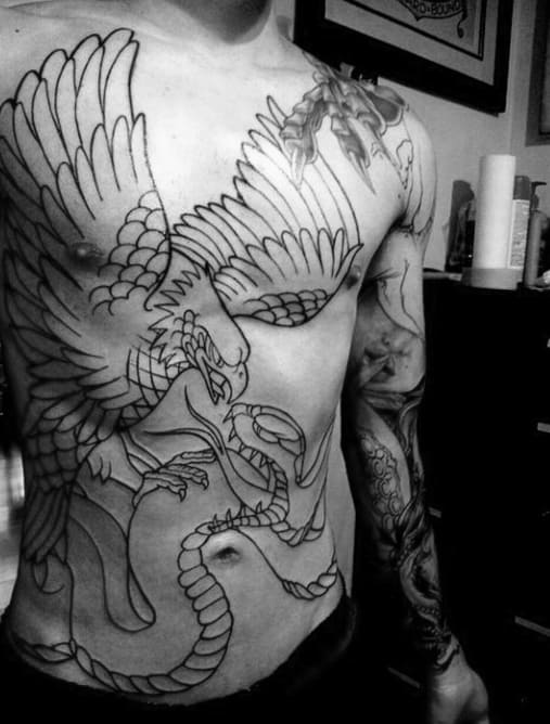 Black Ink Outline Cool Eagle Snake Chest Tattoos For Men