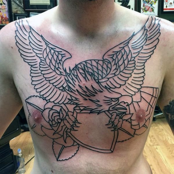 Black Ink Outline Eagle With Shield Guys Traditional Tattoo On Chest