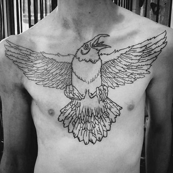 Black Ink Outline Flying Traditional Crow Mens Chest Tattoo Ideas
