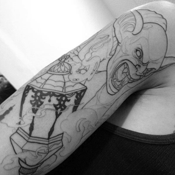 Black Ink Outline Gargoyle With Lantern Mens Tattoos