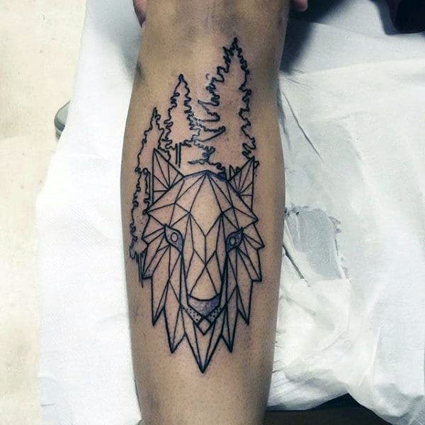 Black Ink Outline Geometric Wolf Mens Leg Shin Tattoo