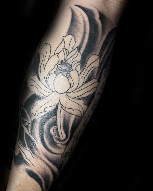 Black Ink Outline Guys Lotus Flower Forearm Tattoo
